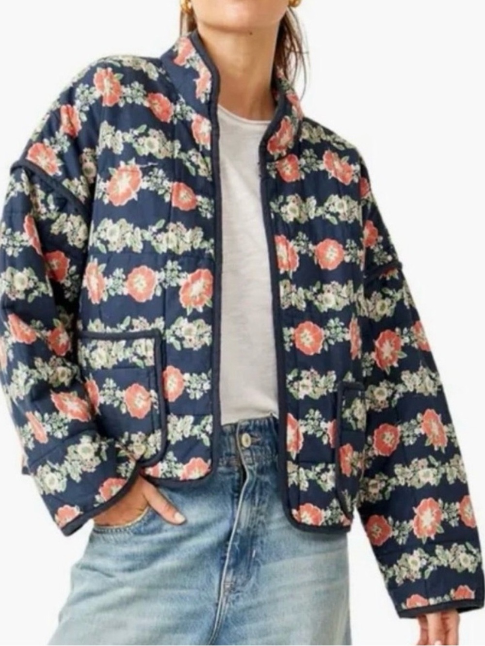 Free People Black Quilted Jacket with Coral & Cream Floral Print